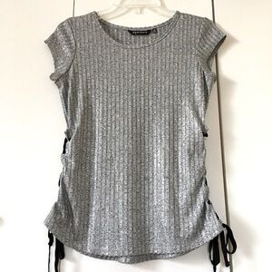 Nowadays Metallic Silver Knit Short Sleeve Top S